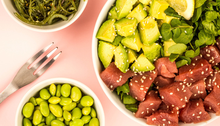 Hawaiian Style Poke Bowl Of Tuna Sashimi With Avocado