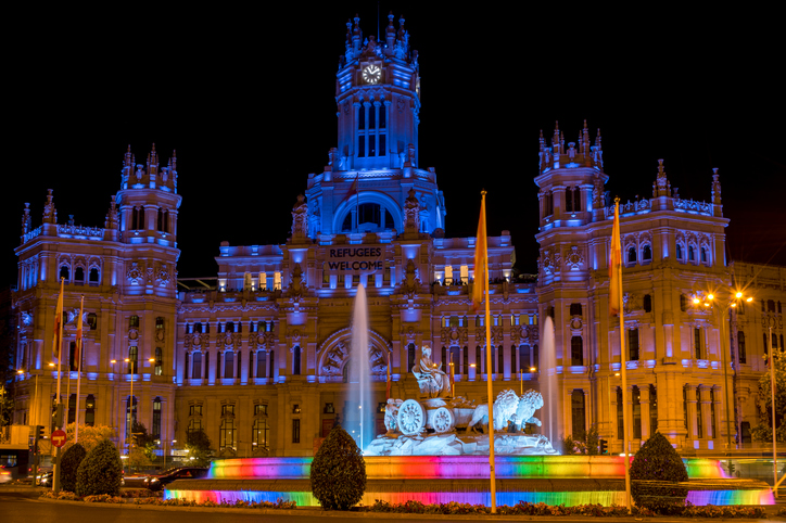 Madrid City Hall and Cibeles Fountain Celebratin World Pride Week Illuminated in Rainbow Colors, Madrid, Spain