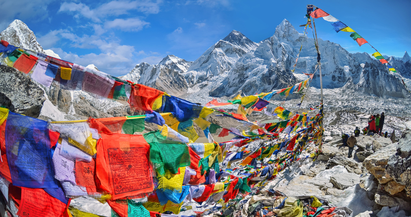 View of Mount Everest and Nuptse with buddhist prayer flags
