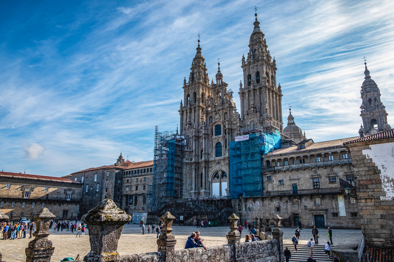 The Cathedral of Santiago de Compostela and view of the Praza do Obradoiro. A nice day with blue sky in Santiago de Compostela. The goal of the pilgrims on the Way of St. James.
