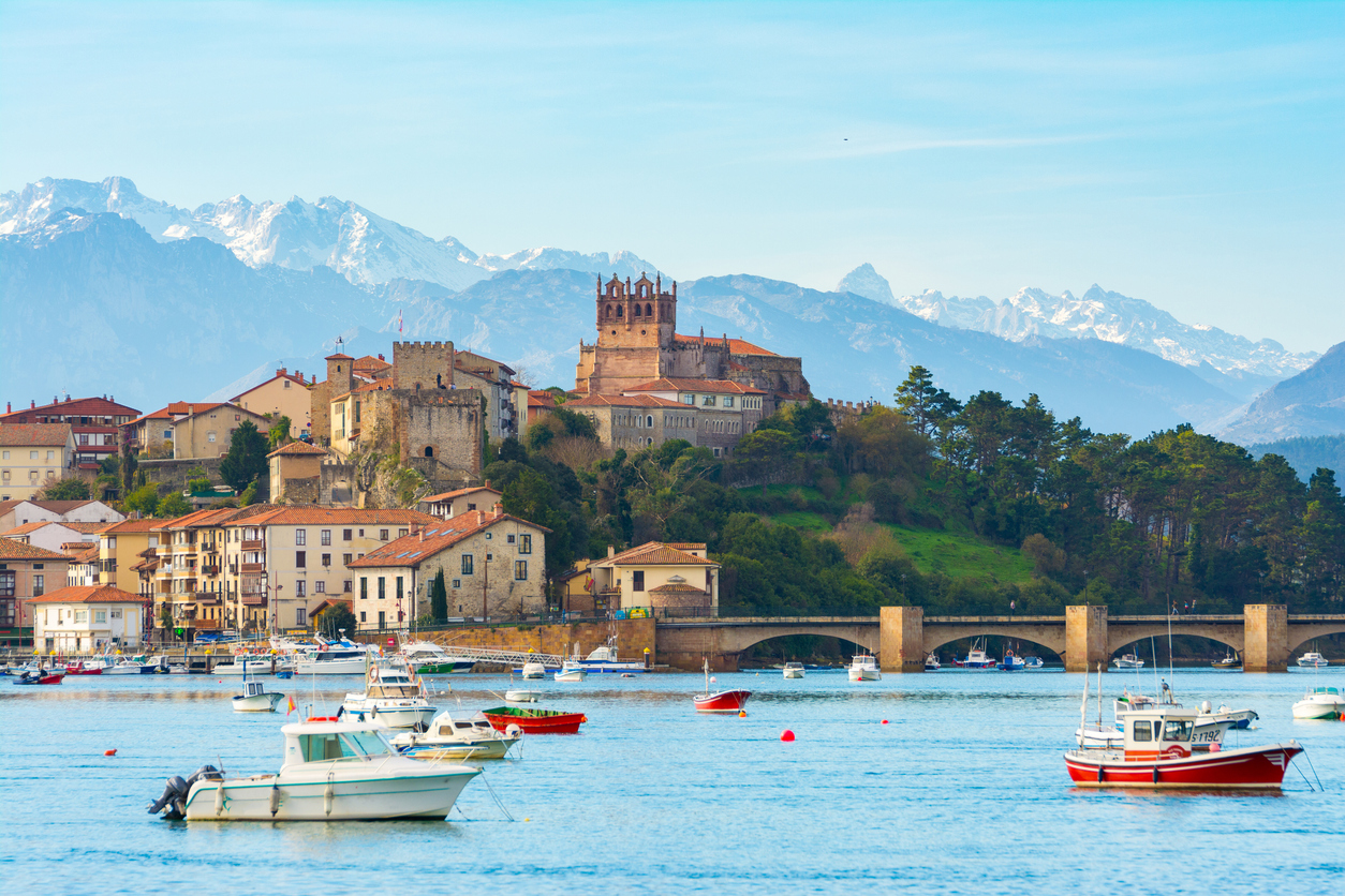 panoramic views to san vicente de la barquera traditional village at cantabria, spain