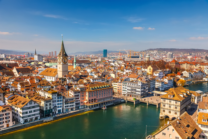 Zurich, the financial heart of Switzerland located at the foot of a lake